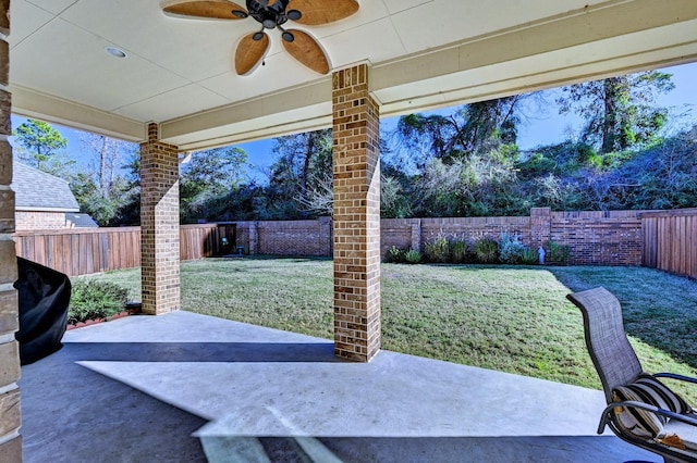 view of patio featuring ceiling fan and grilling area