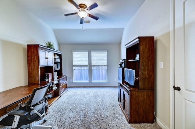 office with light carpet, vaulted ceiling, and ceiling fan