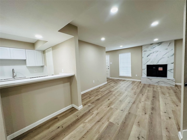 unfurnished living room with a premium fireplace and light hardwood / wood-style flooring