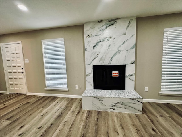 room details featuring a high end fireplace and hardwood / wood-style flooring