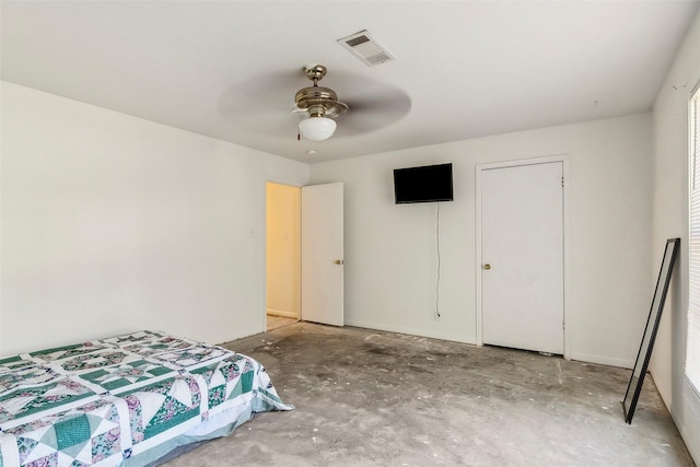 bedroom with concrete floors and ceiling fan