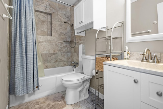 full bathroom featuring vanity, tile patterned flooring, shower / bathtub combination with curtain, and toilet