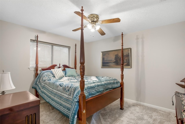 bedroom with light carpet and ceiling fan