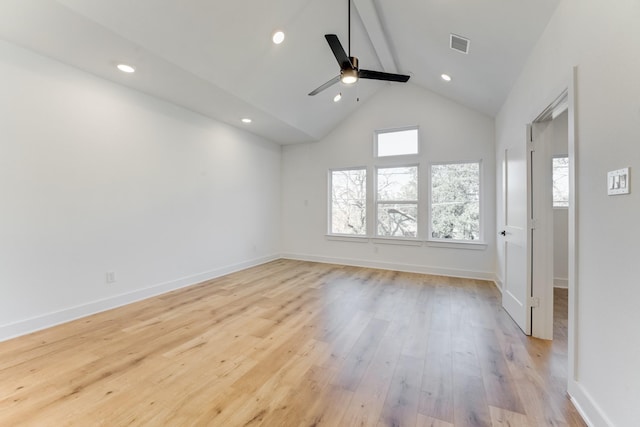 spare room with beam ceiling, ceiling fan, high vaulted ceiling, and light hardwood / wood-style floors