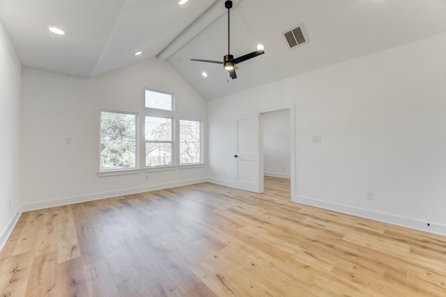 empty room featuring beamed ceiling, ceiling fan, light hardwood / wood-style floors, and high vaulted ceiling