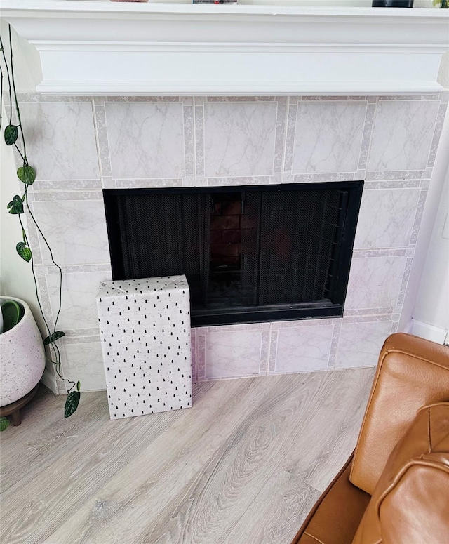 room details with a fireplace and wood-type flooring