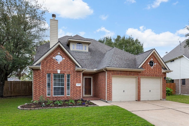 traditional-style house featuring driveway, a shingled roof, fence, and a front yard