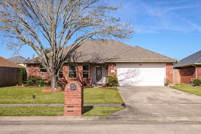 ranch-style house featuring a garage and a front yard