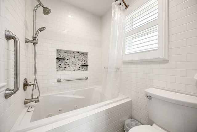 bathroom with toilet and shower / tub combo with curtain