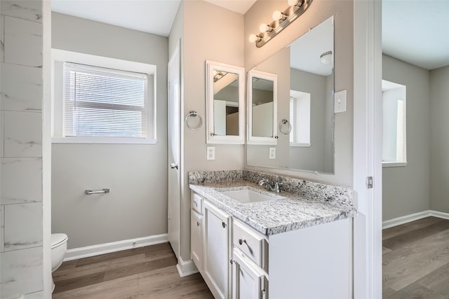 bathroom with vanity, hardwood / wood-style flooring, and toilet