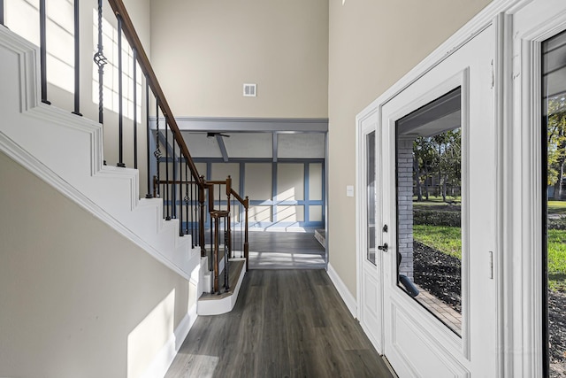 foyer featuring a towering ceiling and dark hardwood / wood-style flooring