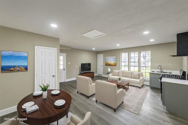 living room featuring light hardwood / wood-style floors and sink