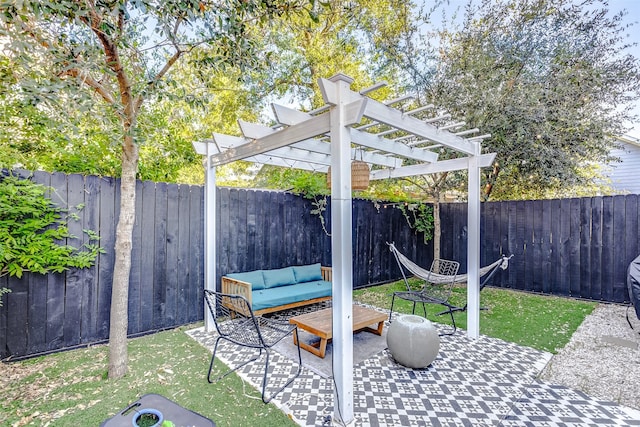 view of patio featuring a pergola and an outdoor hangout area