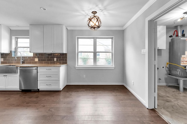 kitchen featuring stainless steel dishwasher, decorative backsplash, white cabinetry, and pendant lighting