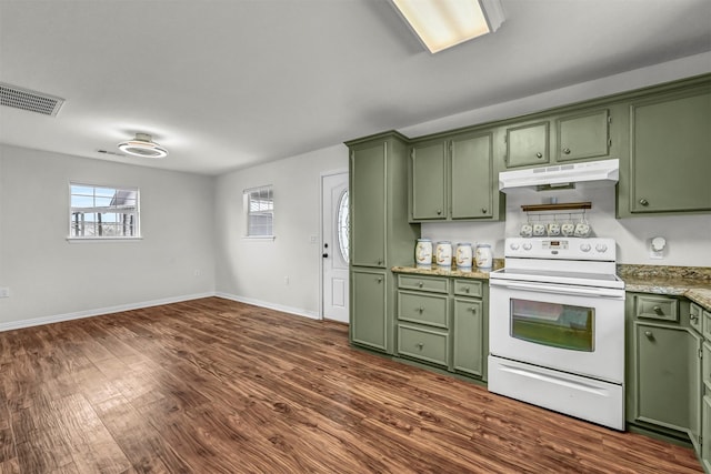 kitchen with white range with electric cooktop, dark wood-type flooring, and green cabinetry