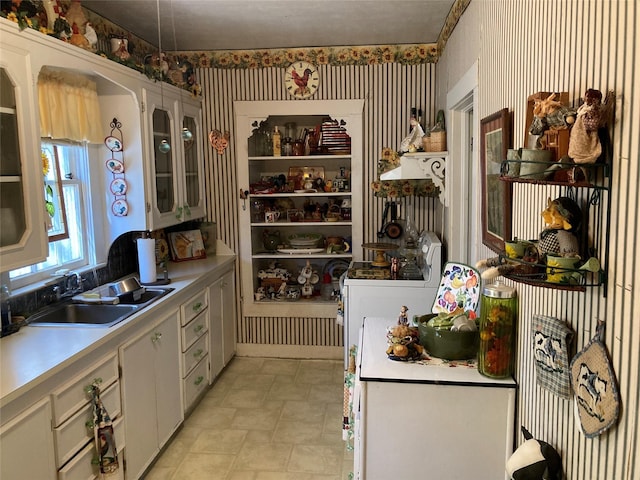 kitchen with white cabinetry, sink, and range