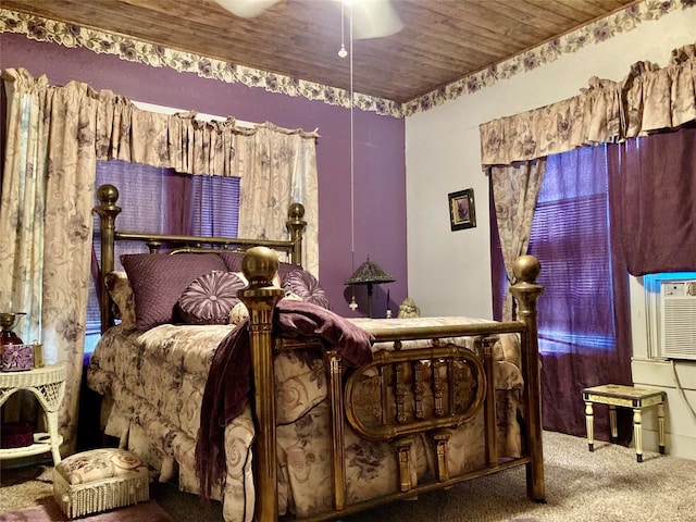 bedroom with carpet, ceiling fan, and wooden ceiling