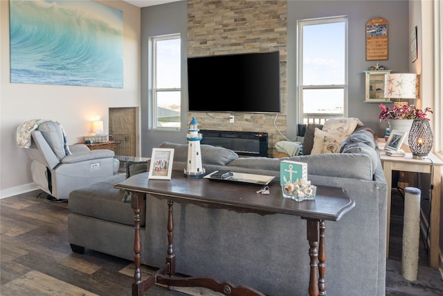 living room featuring a fireplace and dark hardwood / wood-style floors