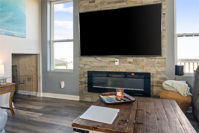 living room featuring a stone fireplace and dark hardwood / wood-style flooring