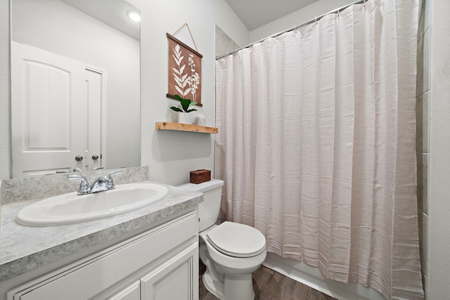 bathroom featuring vanity, wood-type flooring, and toilet