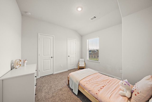 bedroom with lofted ceiling and carpet