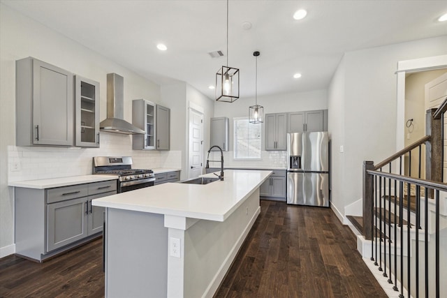 kitchen featuring a kitchen island with sink, hanging light fixtures, sink, wall chimney exhaust hood, and appliances with stainless steel finishes