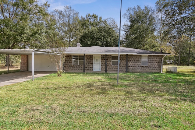 single story home featuring a carport, cooling unit, a garage, and a front lawn