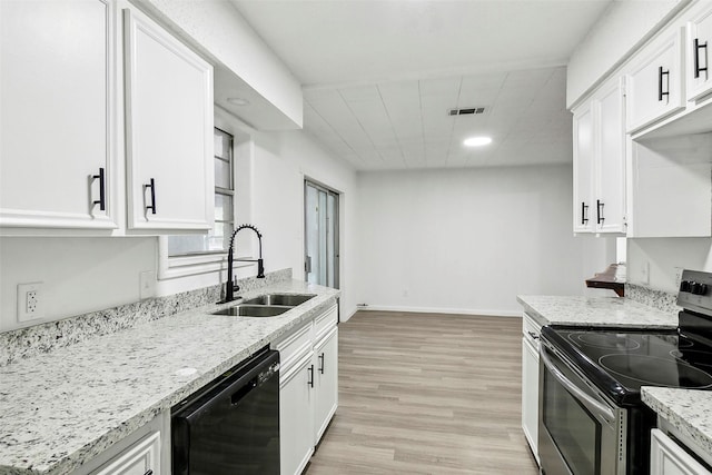 kitchen featuring white cabinets, stainless steel electric range, sink, and black dishwasher