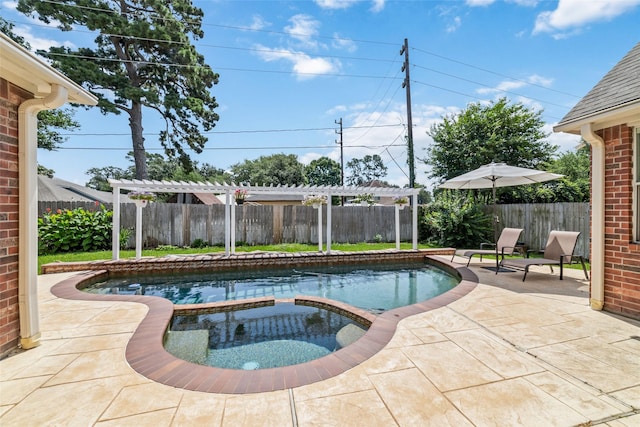 view of pool featuring a pergola, an in ground hot tub, and a patio