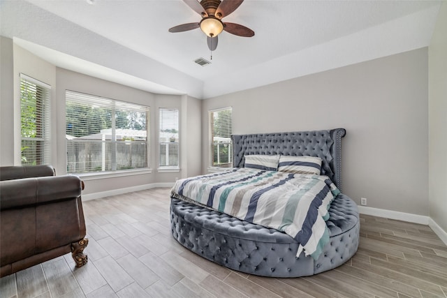 bedroom featuring ceiling fan and light hardwood / wood-style floors