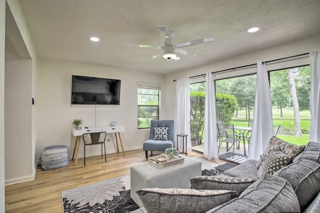 living room with ceiling fan, light wood-type flooring, and a textured ceiling