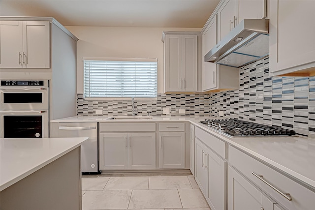 kitchen featuring sink, light tile patterned floors, tasteful backsplash, white cabinetry, and stainless steel appliances