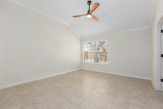 tiled spare room with ornamental molding, a textured ceiling, ceiling fan, and lofted ceiling