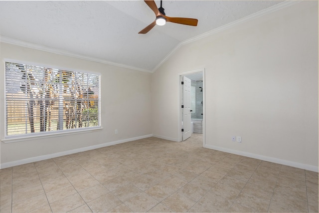 unfurnished room with a textured ceiling, ceiling fan, lofted ceiling, and crown molding