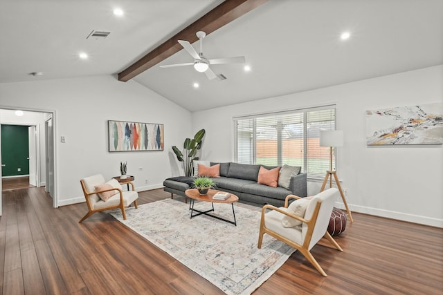 living room with dark hardwood / wood-style flooring, vaulted ceiling with beams, and ceiling fan