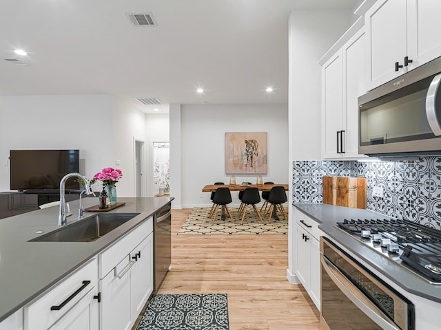 kitchen with decorative backsplash, stainless steel appliances, sink, light hardwood / wood-style flooring, and white cabinets