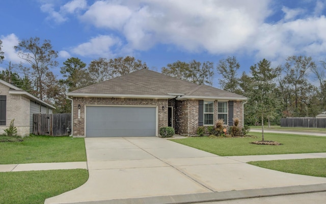 ranch-style home featuring a front yard and a garage