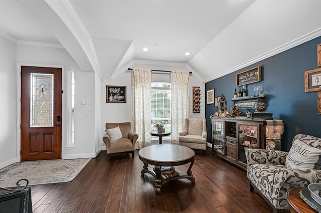 interior space with crown molding, lofted ceiling, and dark wood-type flooring