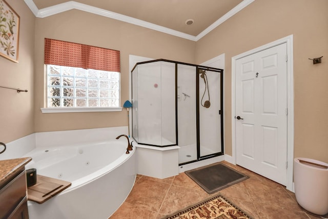 bathroom featuring ornamental molding, separate shower and tub, vanity, and tile patterned floors