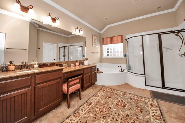 bathroom with crown molding, vanity, shower with separate bathtub, and vaulted ceiling