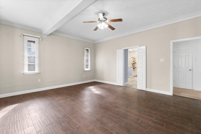 empty room with beam ceiling, ceiling fan, and crown molding