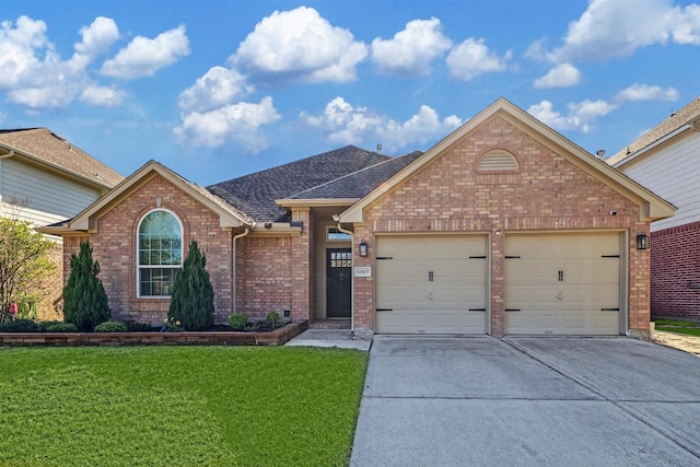 view of front of property with a front yard and a garage