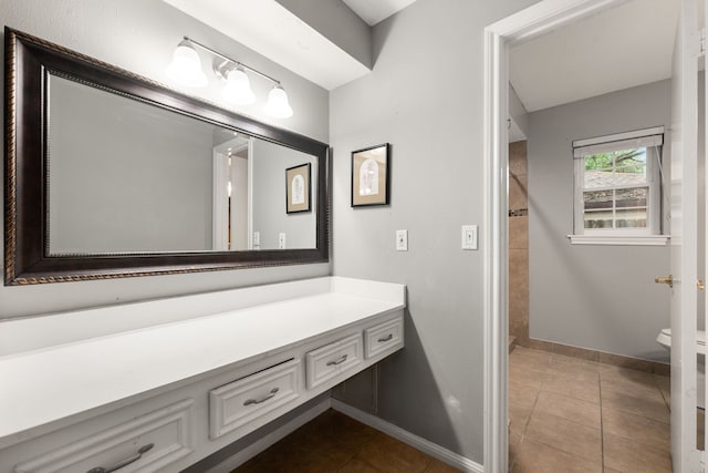 bathroom with tile patterned flooring, vanity, and toilet