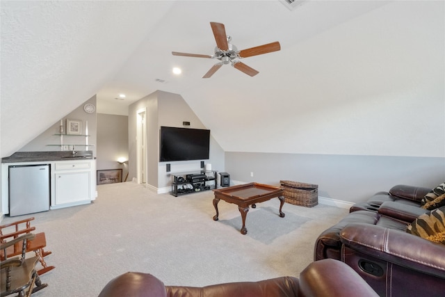 living room with ceiling fan, sink, light colored carpet, lofted ceiling, and pool table