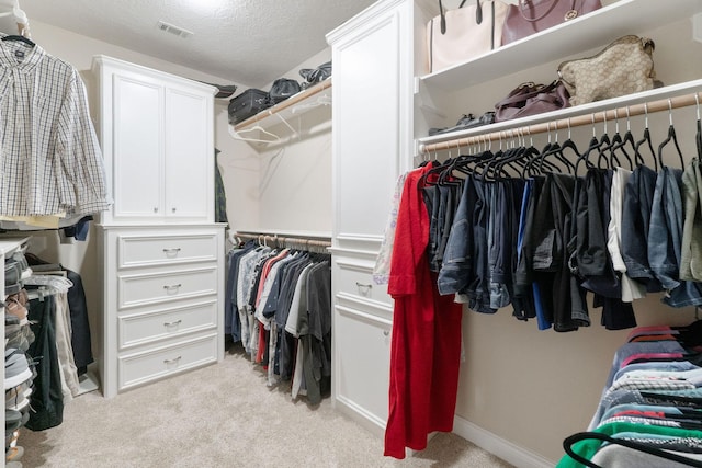 walk in closet with light colored carpet