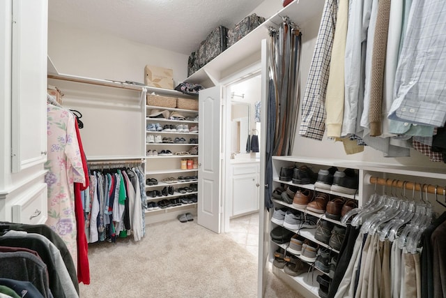 spacious closet featuring light colored carpet