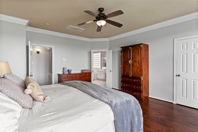 bedroom featuring connected bathroom, ceiling fan, crown molding, and dark hardwood / wood-style flooring