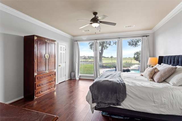 bedroom with multiple windows, ceiling fan, and ornamental molding