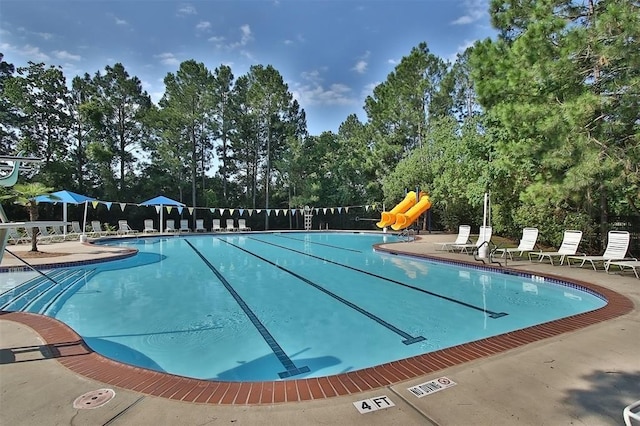 view of swimming pool with a patio