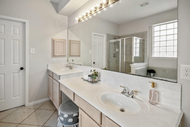 bathroom featuring tile patterned flooring, vanity, and a shower with shower door